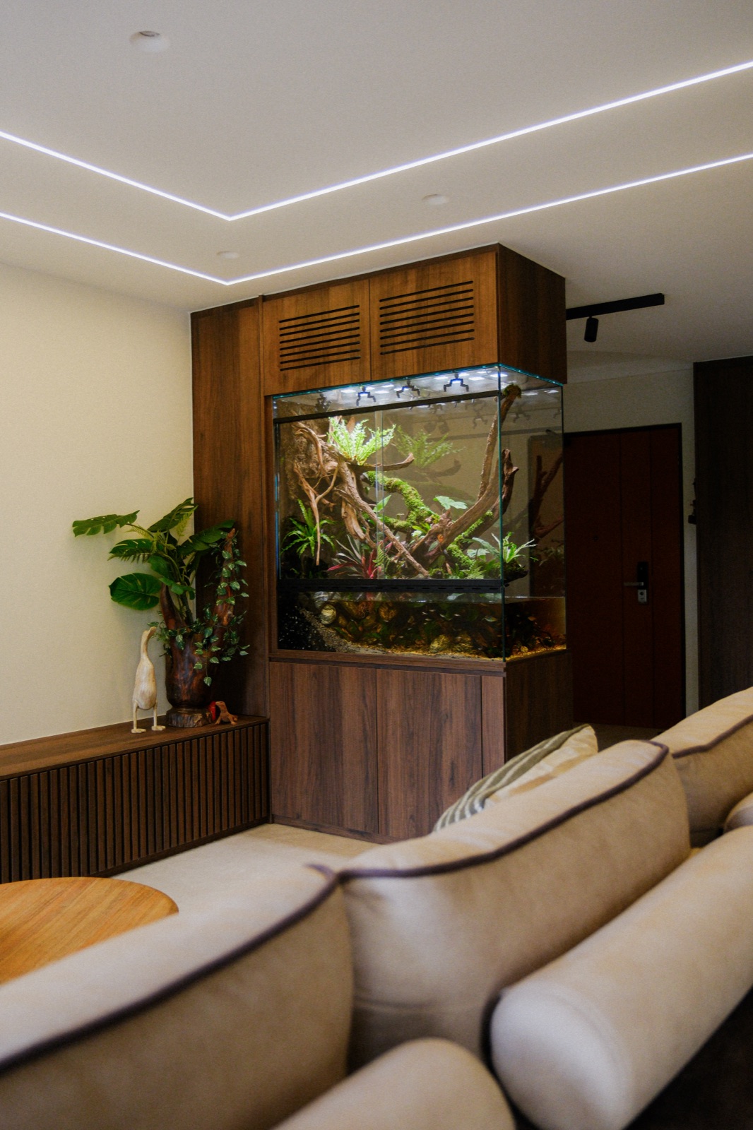 An open-top paludarium, viewable without glass across the scene
